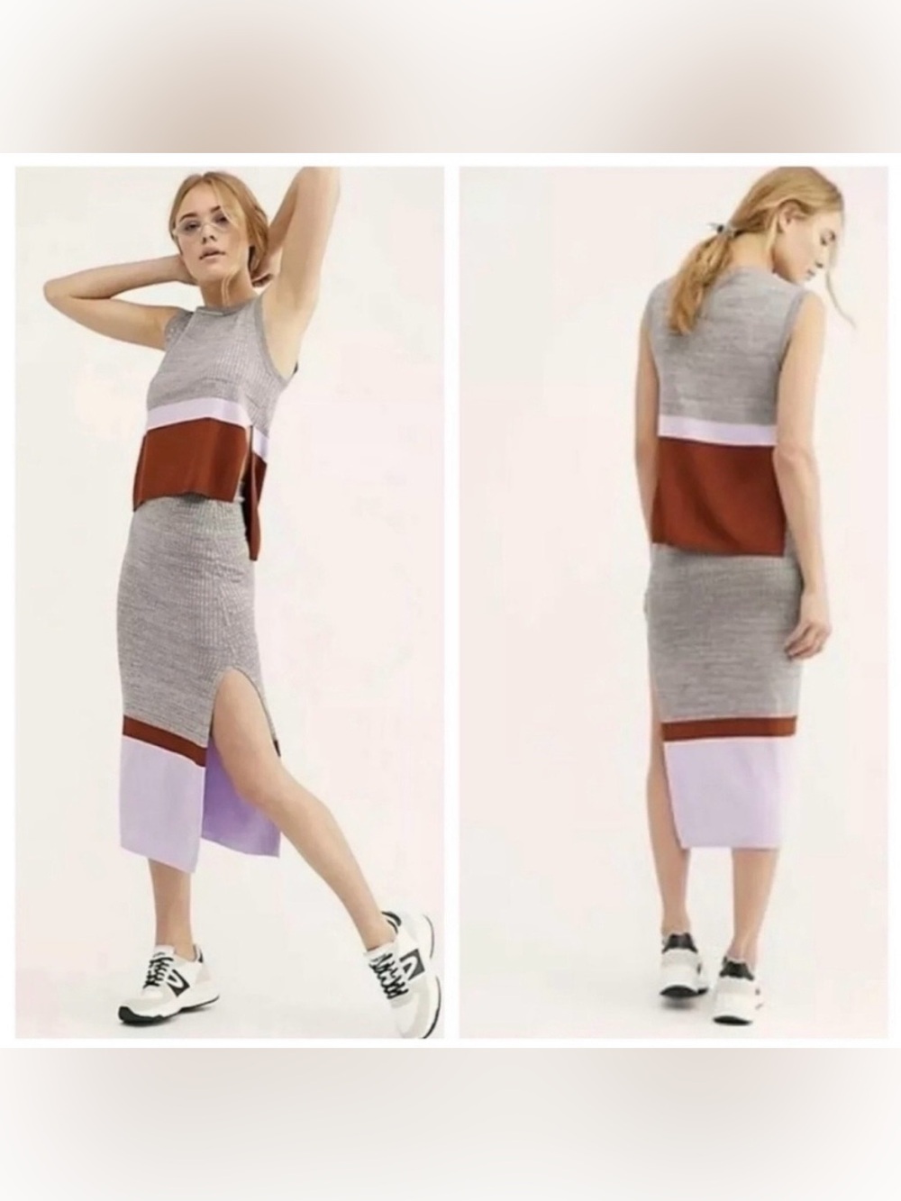 Free People Gray, Lavender, and Brown Sleeveless Top and Skirt Set - Size M